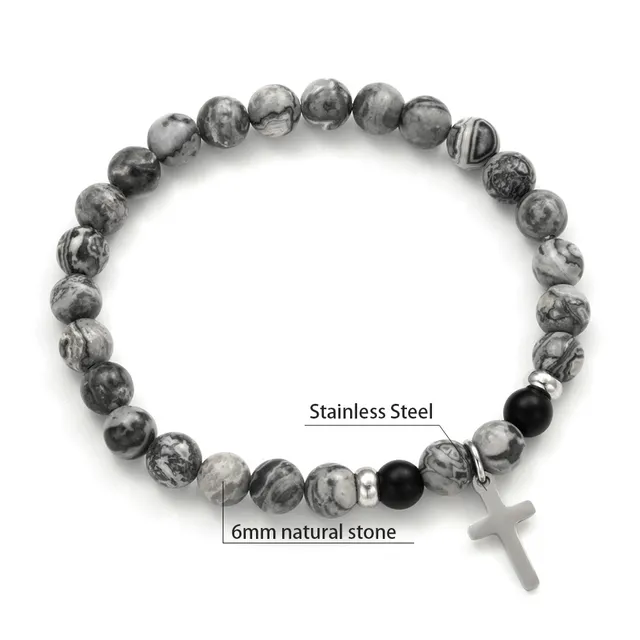 Natural Stone Bead Bracelet with Cross Charm