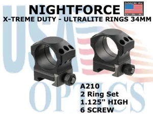 NIGHTFORCE, A210, XTRM DUTY - Ring Set - 1.125" High - 34mm - Ultralite, 6 screw