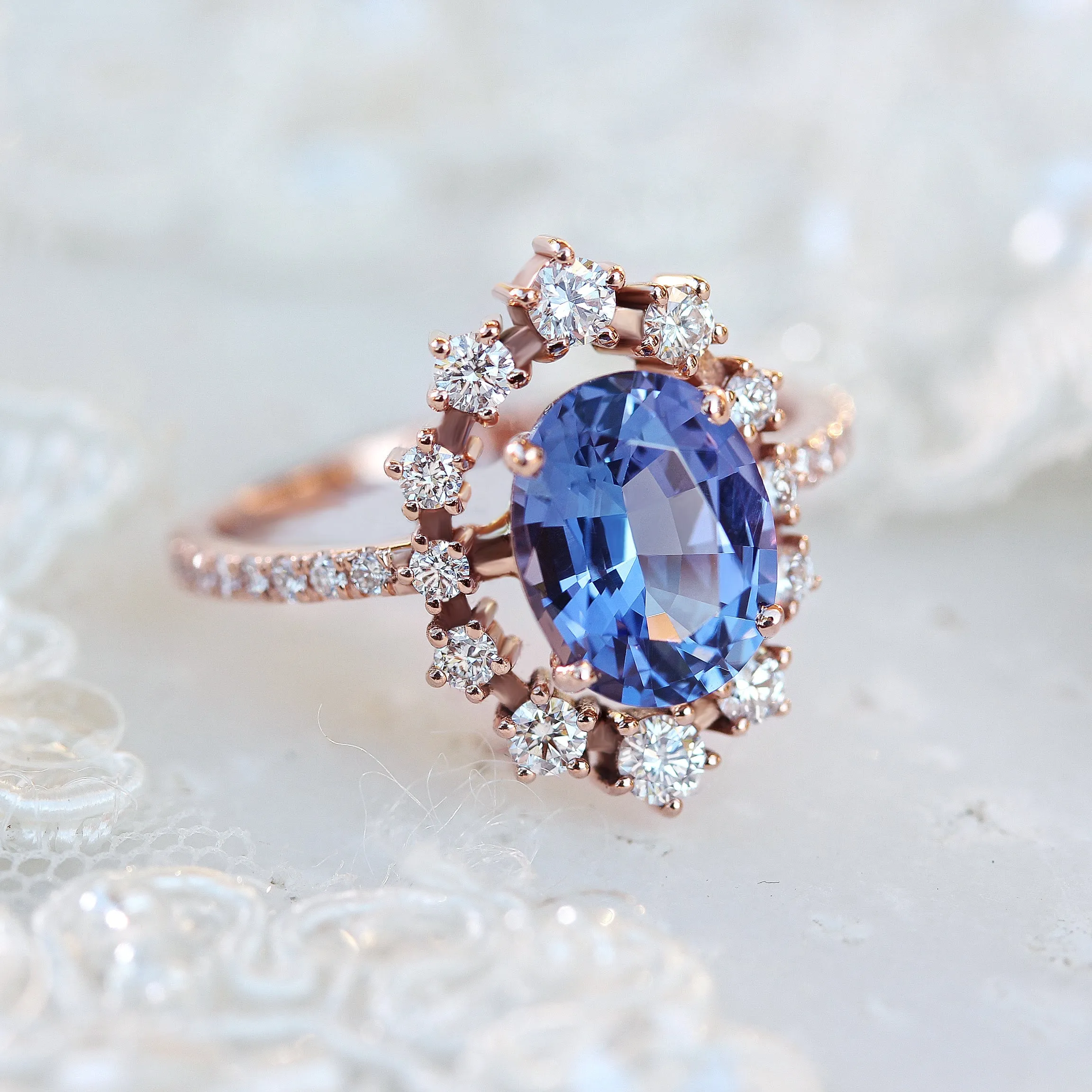 Oval Tanzanite & Diamonds Halo Engagement Ring, Glory ♥