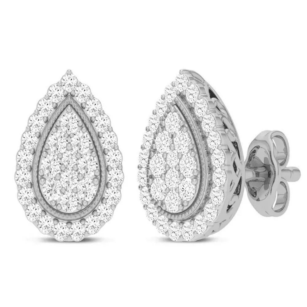 Pave Pear Halo Surround Stud Earrings with Cubic Zirconia in Sterling Silver