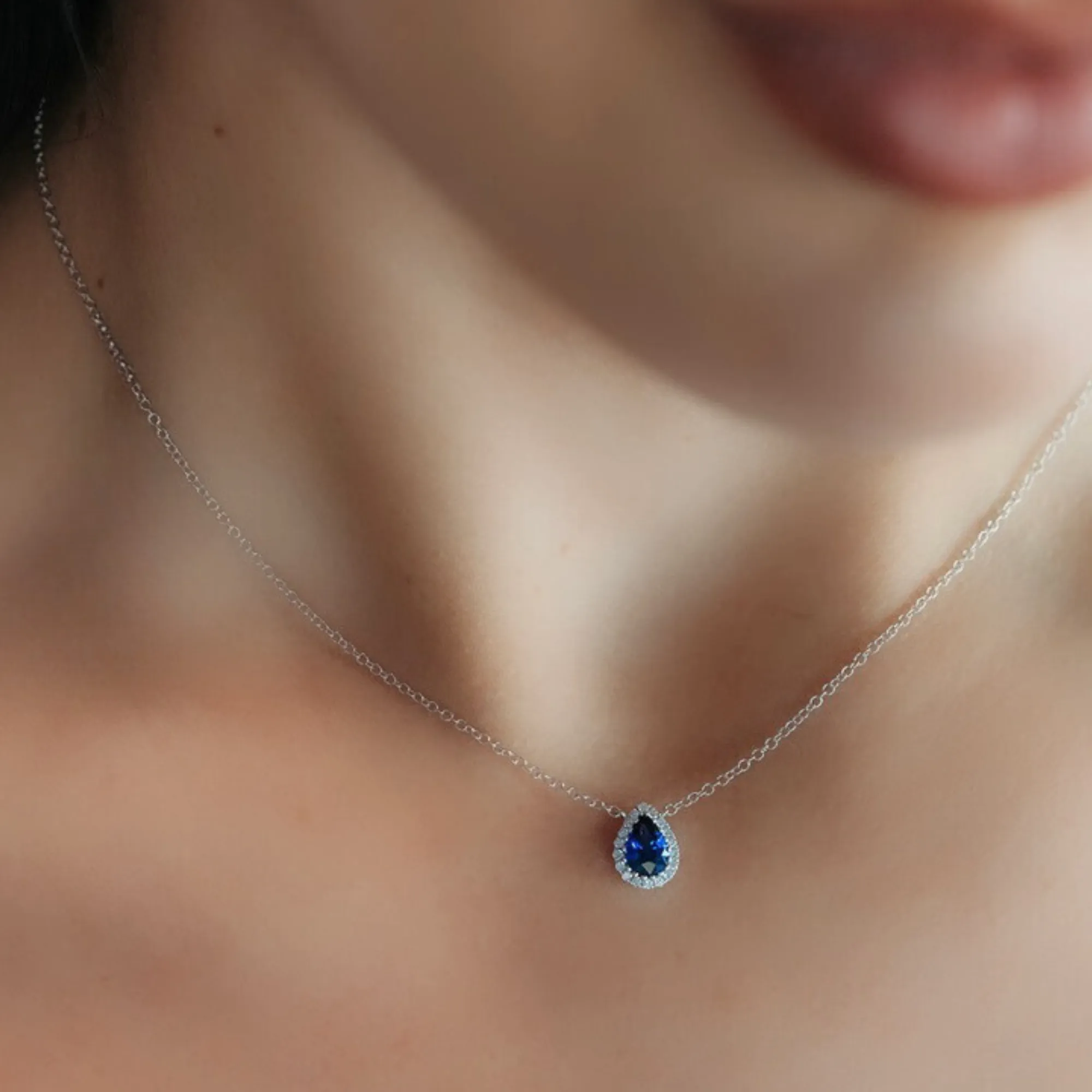 Pear Shaped Blue Sapphire & Diamond Halo Necklace