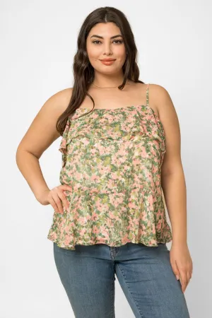 Plus Size Square Neck Ruffle Floral Print Top