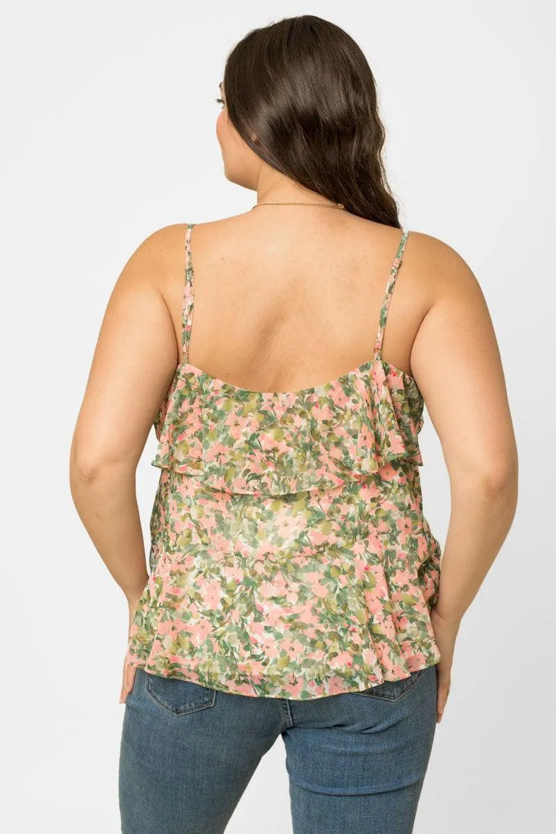 Plus Size Square Neck Ruffle Floral Print Top