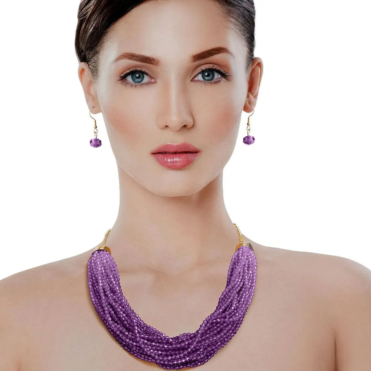 Purple Bead Multi Strand Necklace with Earrings