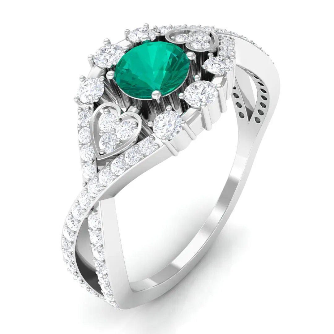 Real Emerald Crossover Engagement Ring with Diamond