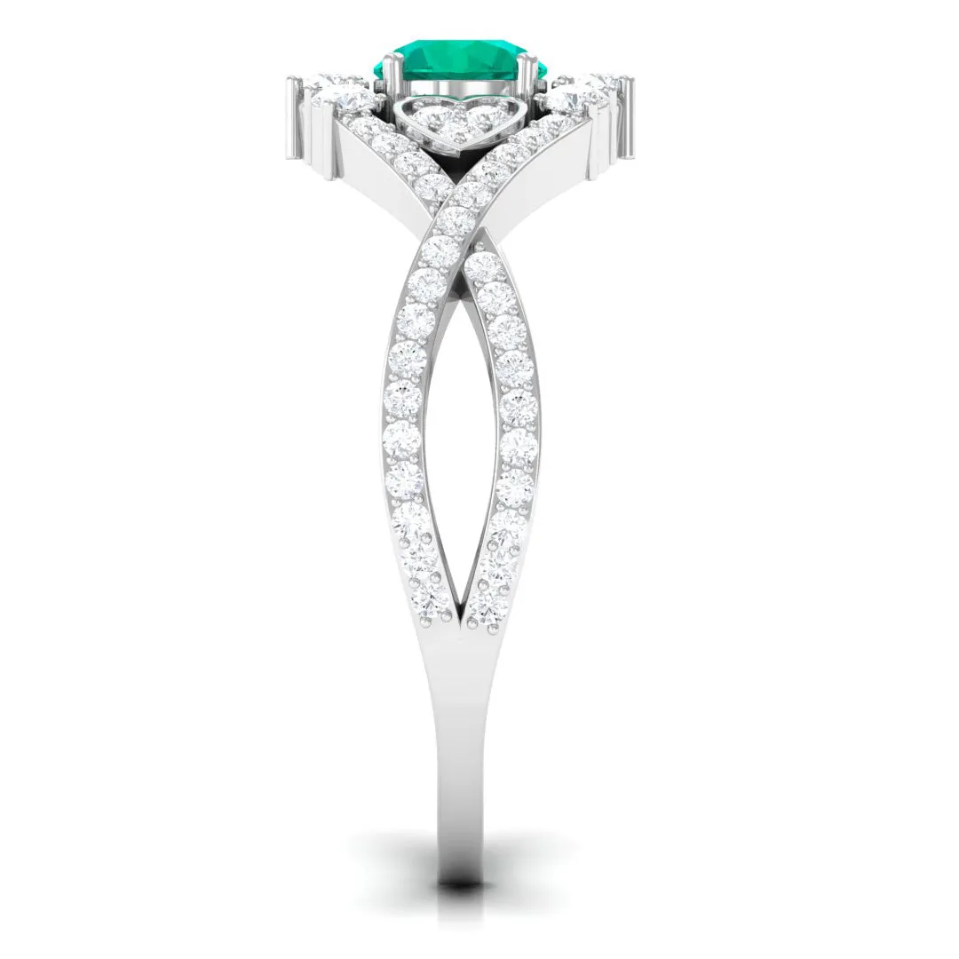 Real Emerald Crossover Engagement Ring with Diamond