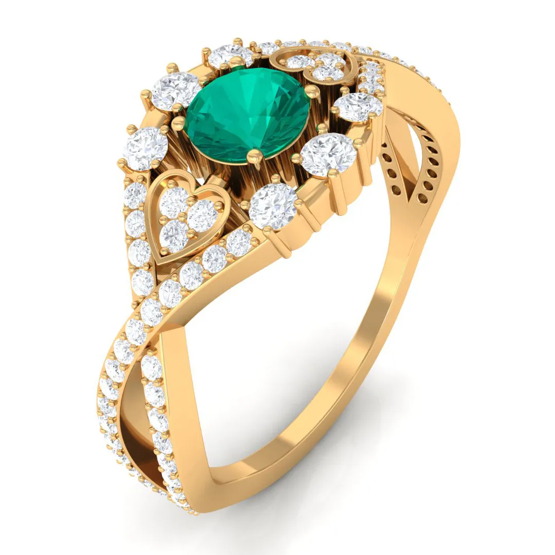 Real Emerald Crossover Engagement Ring with Diamond