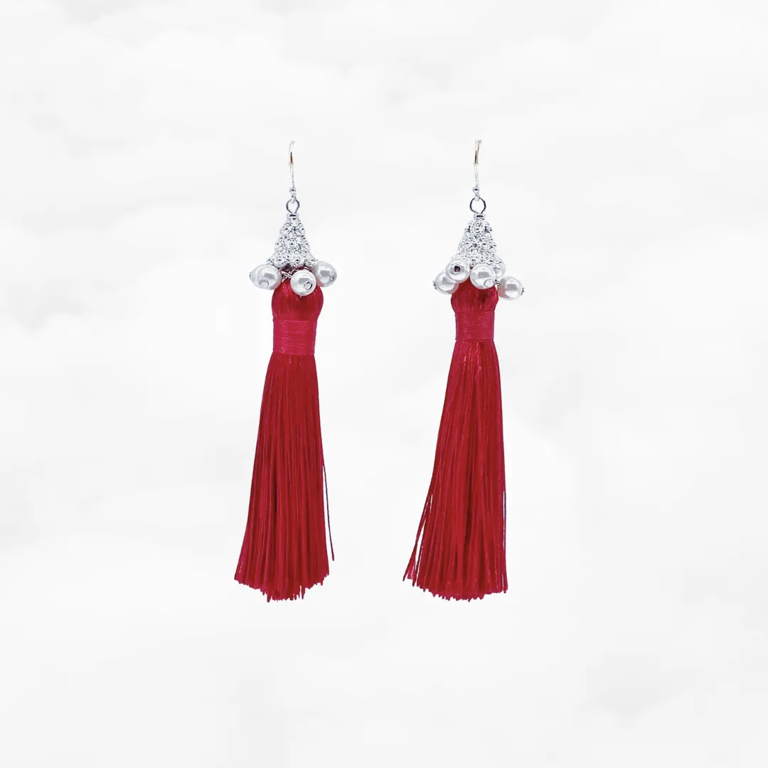 Red Silk Tassel Earrings Silver Medium