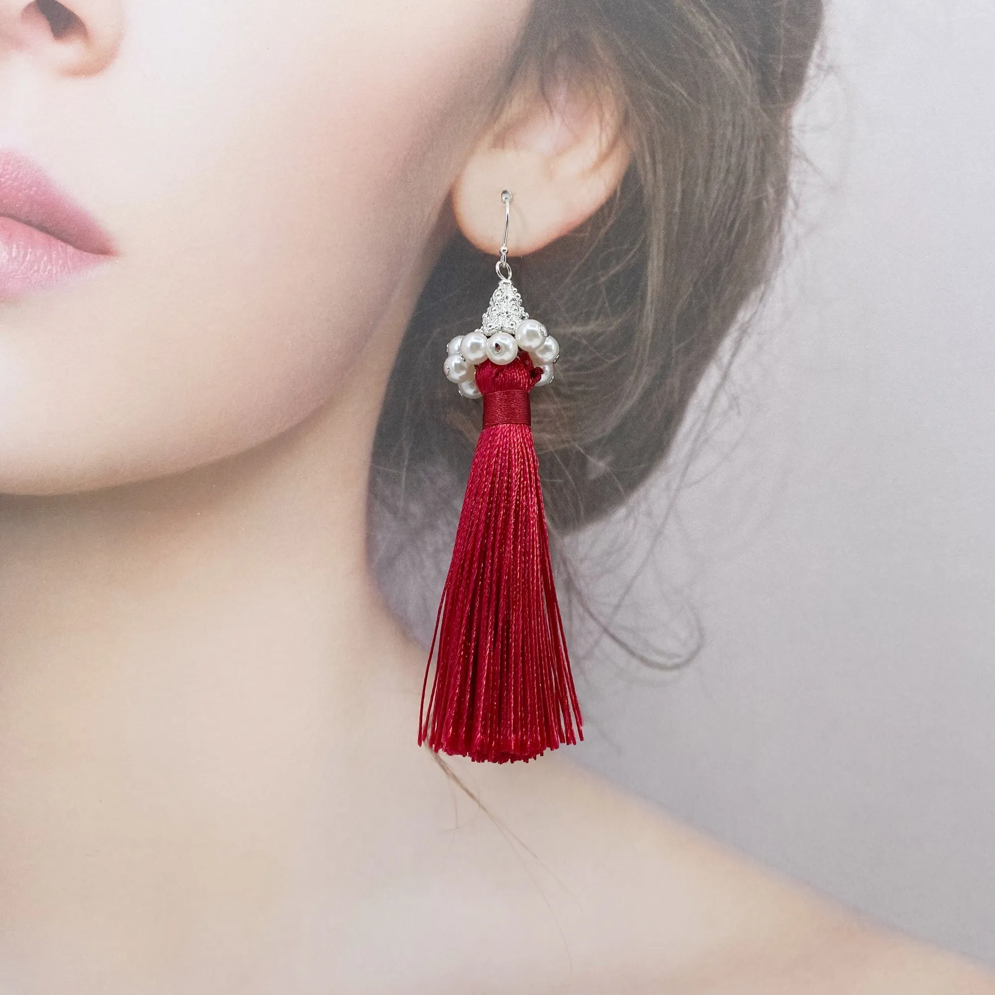 Red Silk Tassel Earrings Silver Medium