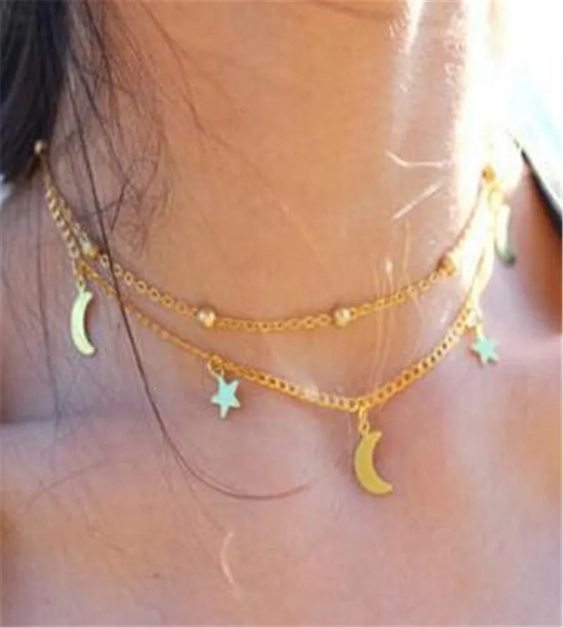 Retro Simple Layered Necklace Moon Star Sequined Layered Necklace