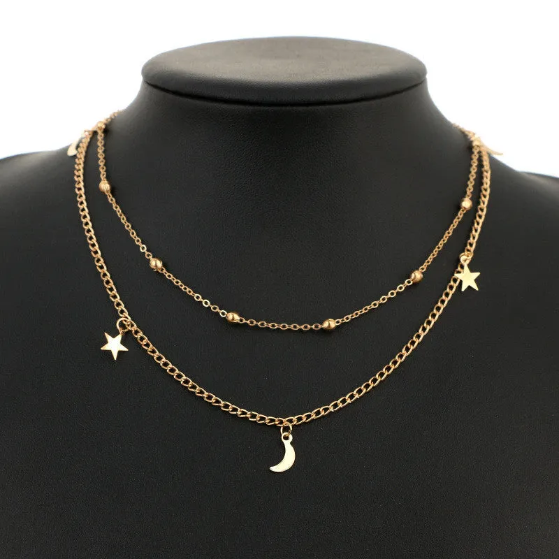 Retro Simple Layered Necklace Moon Star Sequined Layered Necklace