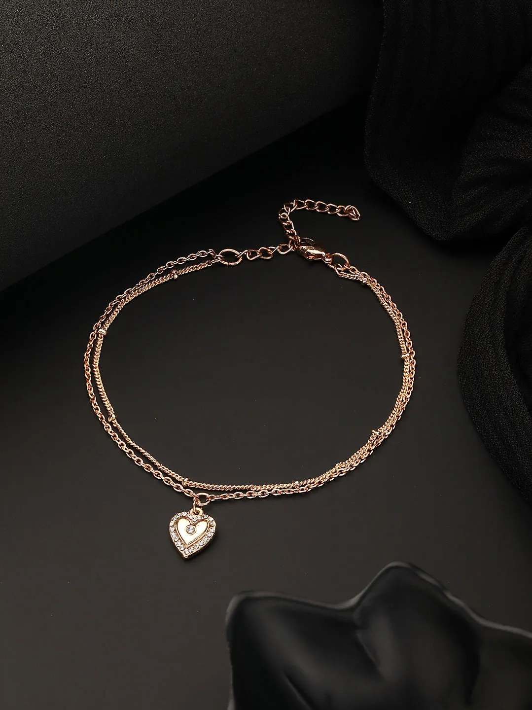 Rose Gold Plated Cz Studded Layered Heart Charm Anklet