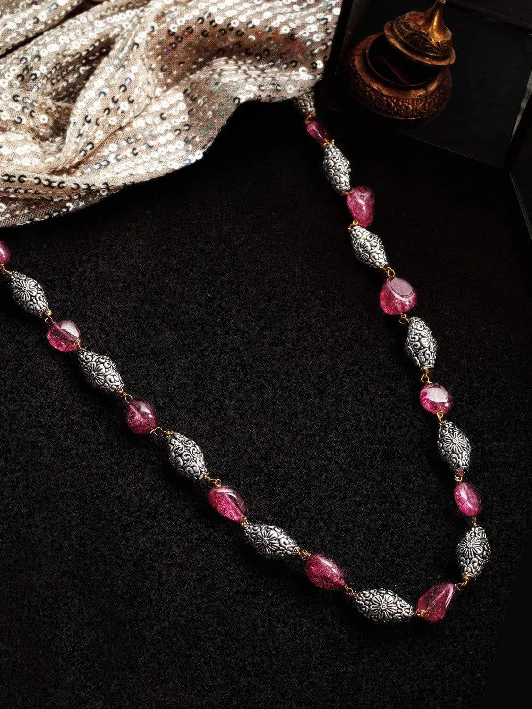 Rubans Gold Plated Vintage CZ Studded Faux Ruby Beads Embellished Necklace