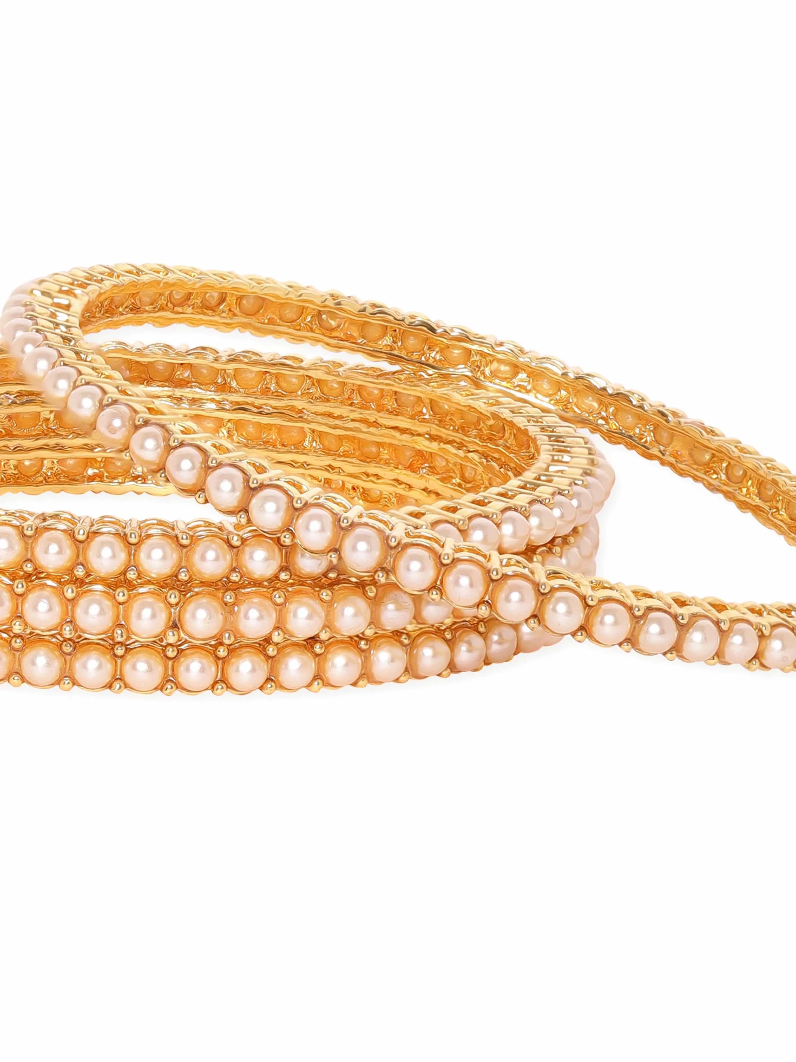 Rubans Set of 4, 22K Gold plated Pearl Studded Classic Bangles