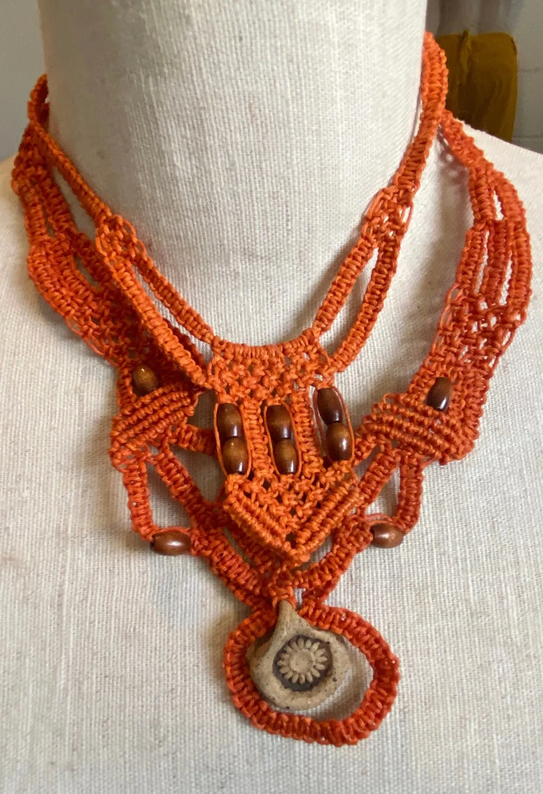 Set of 2 Orange Crochet Wood Bead Necklaces