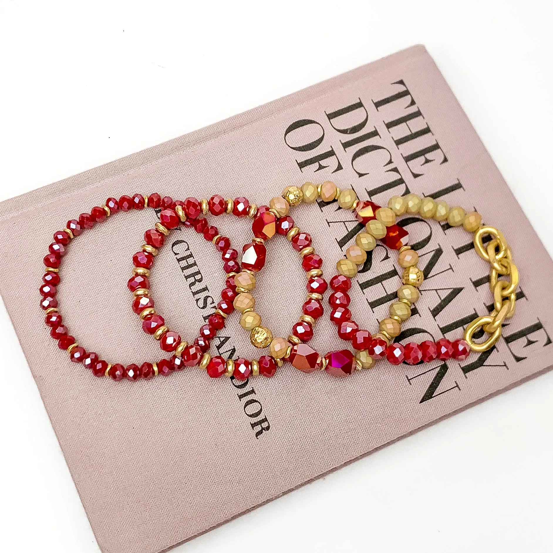 Set of Four | Glorious Gold Crystal Beaded Bracelet Set in Red