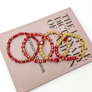 Set of Four | Glorious Gold Crystal Beaded Bracelet Set in Red