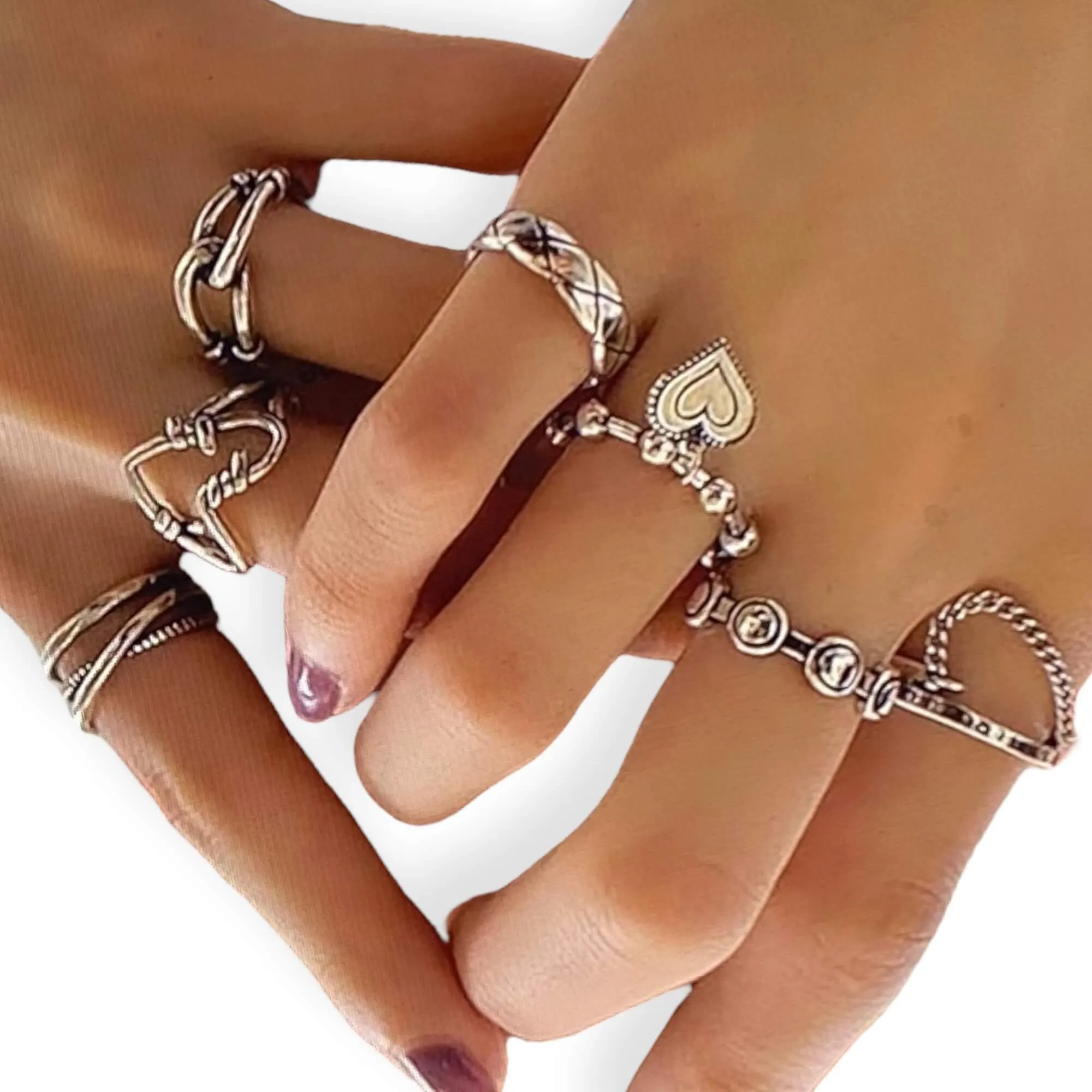 Silver Punk Heart Stackable Ring Set