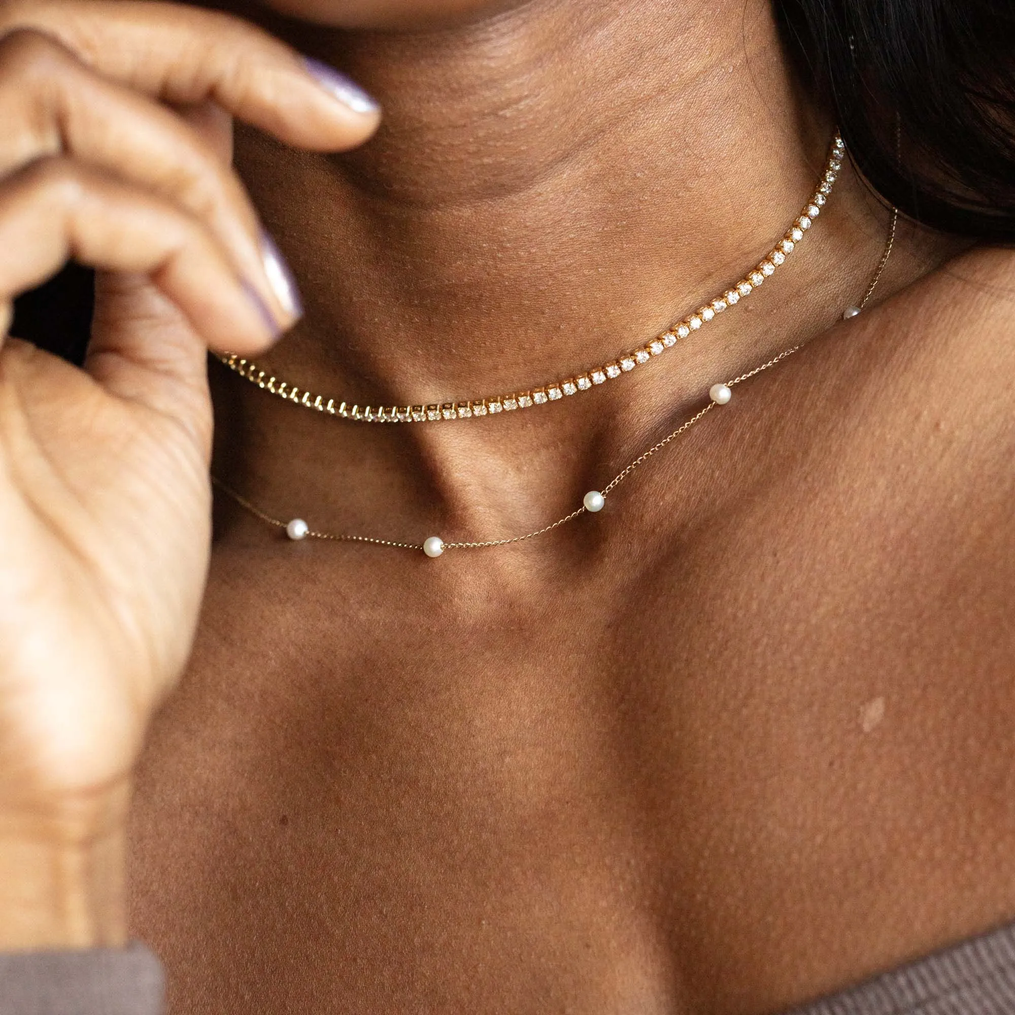 Solid Gold Delicate Pearl Chain Necklace