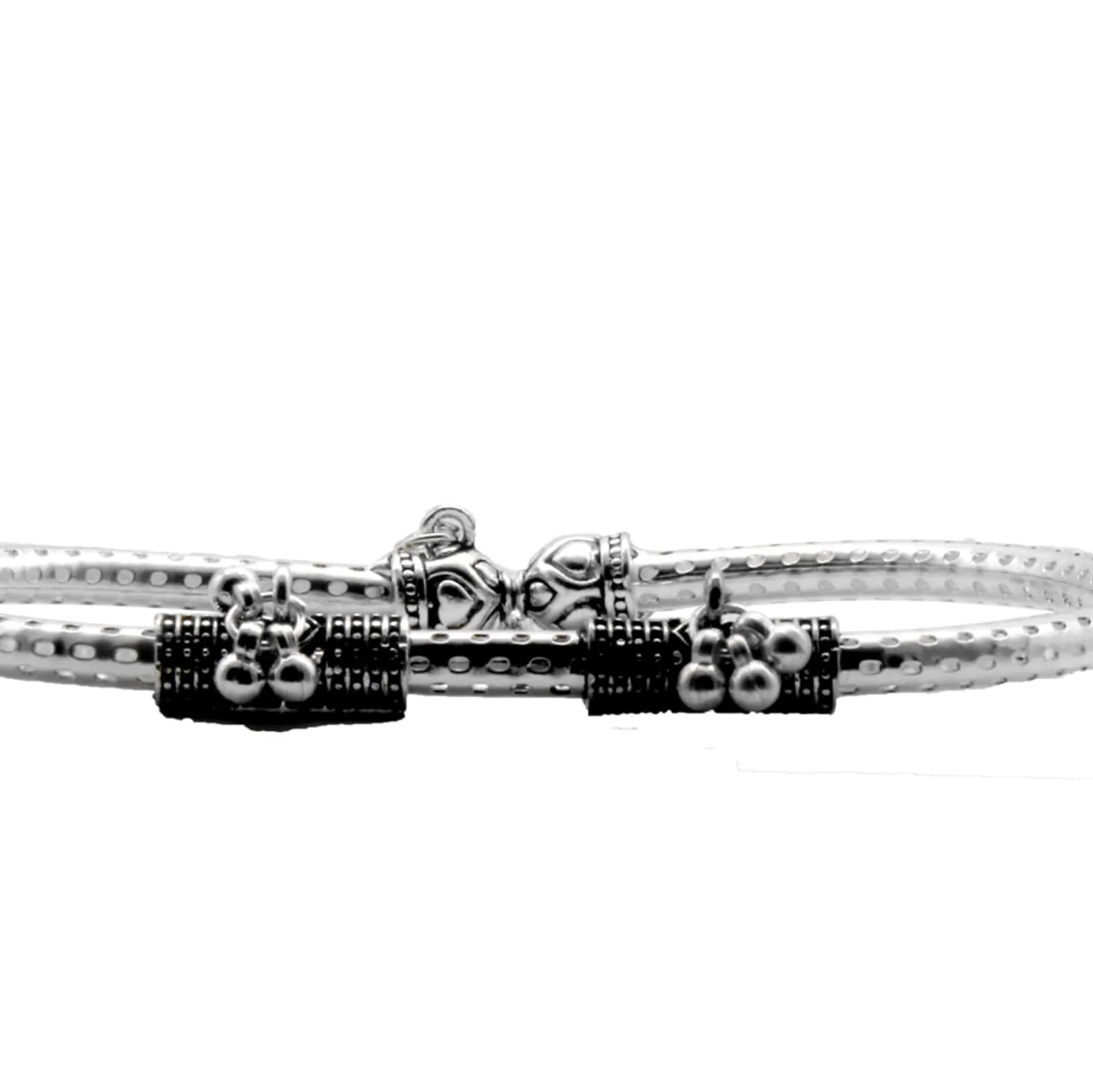 Teejh Double Cylindrical Silver Oxidized Charm Anklets