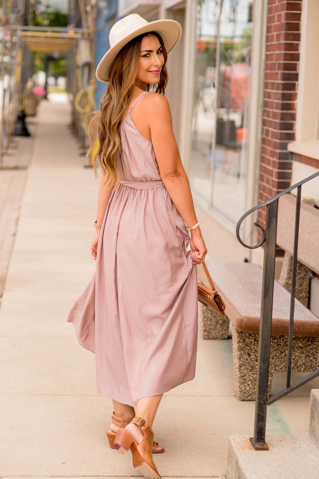 Thin Strapped Tie Waist Midi Dress