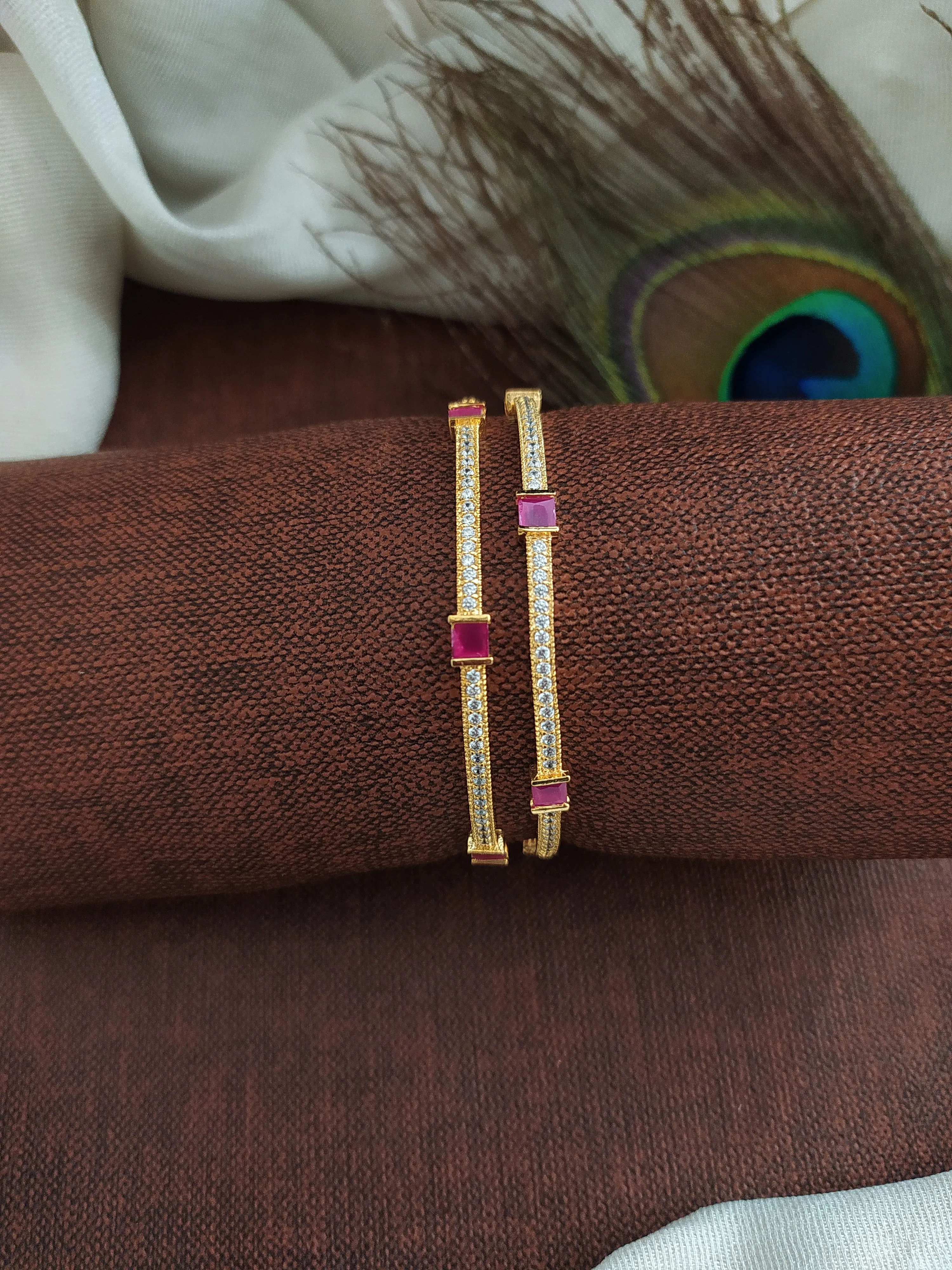 Timeless Grace: Simple Yet Elegant Gold-Plated Zircon Bangles (Ruby & Green)