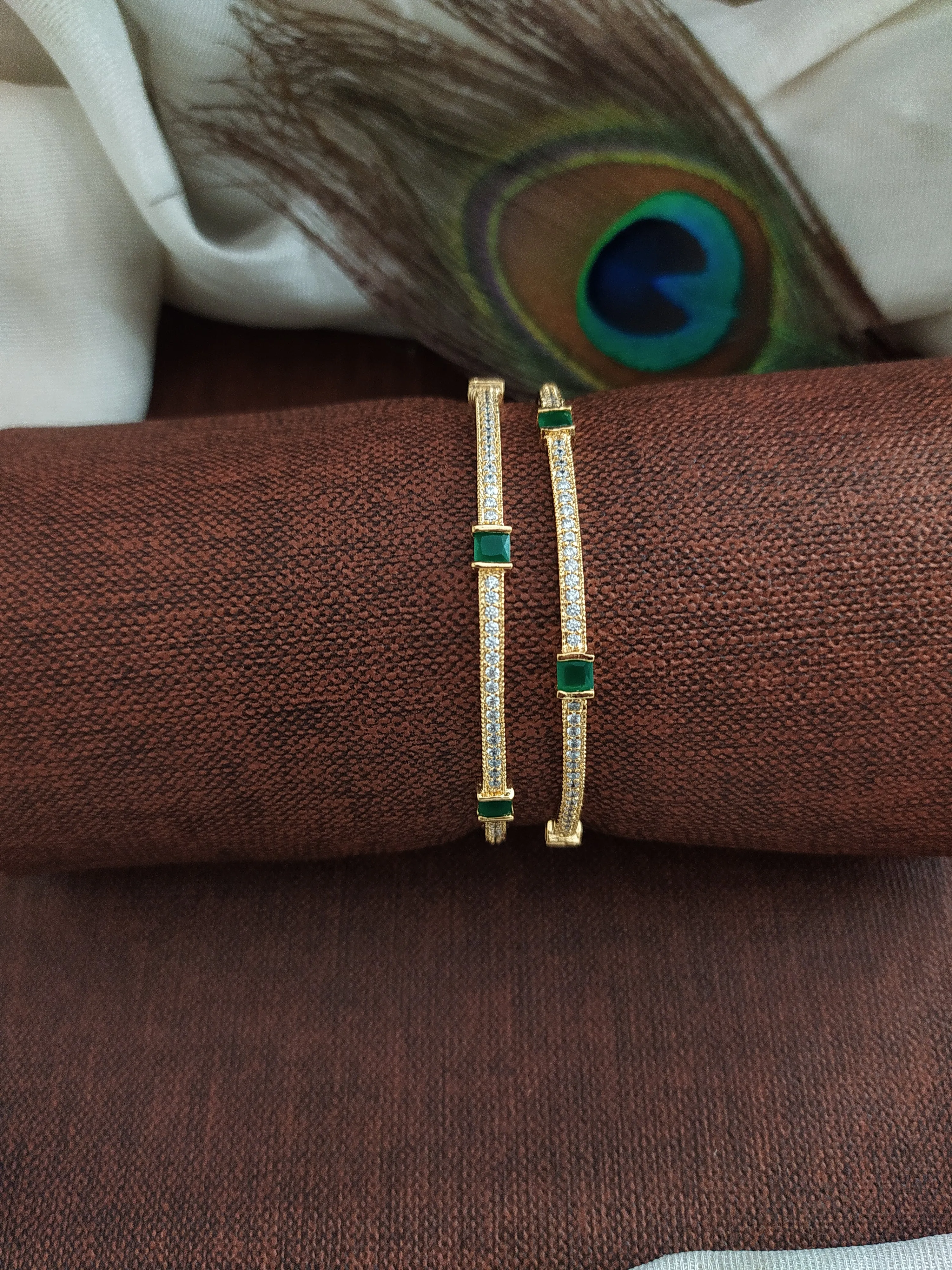 Timeless Grace: Simple Yet Elegant Gold-Plated Zircon Bangles (Ruby & Green)