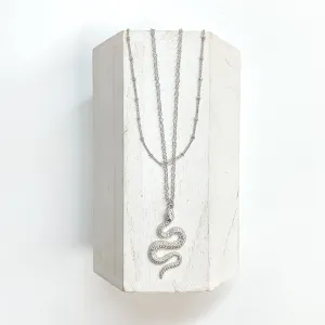 Turn Away Double Layered Chain Necklace with Clear Crystal Pendant in Silver Tone