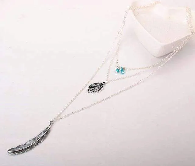 Turquoise Leaf Feather Multi-Layer Necklace