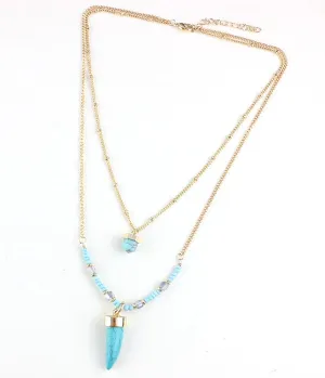 Vintage Multi-layers Gold Plated Long Chains Natural Stone Turquoise Hexagonal Column Necklace For Women Fine Jewelry