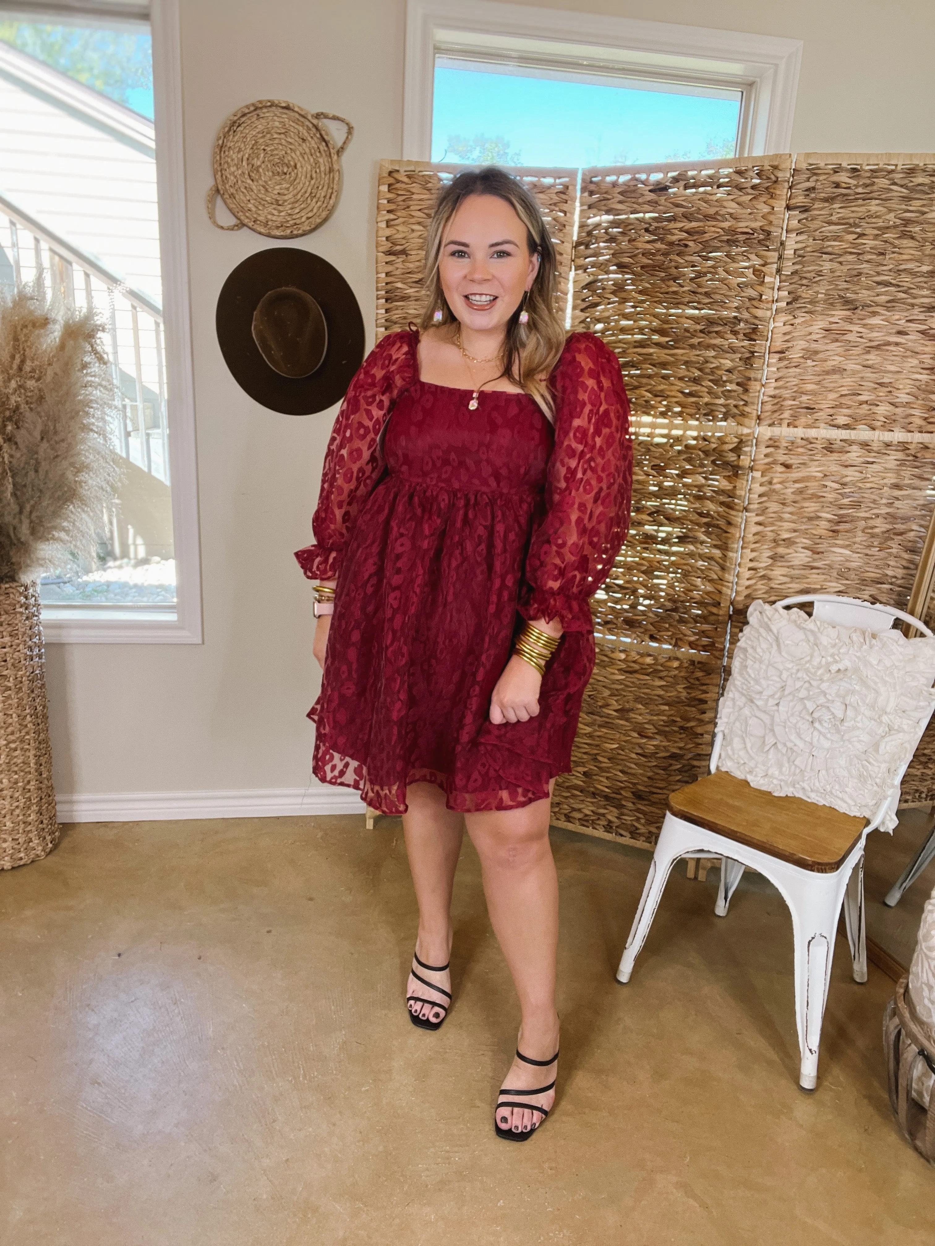 Whirl The Night Away Sheer Leopard Print Dress with 3/4 Sleeves in Maroon