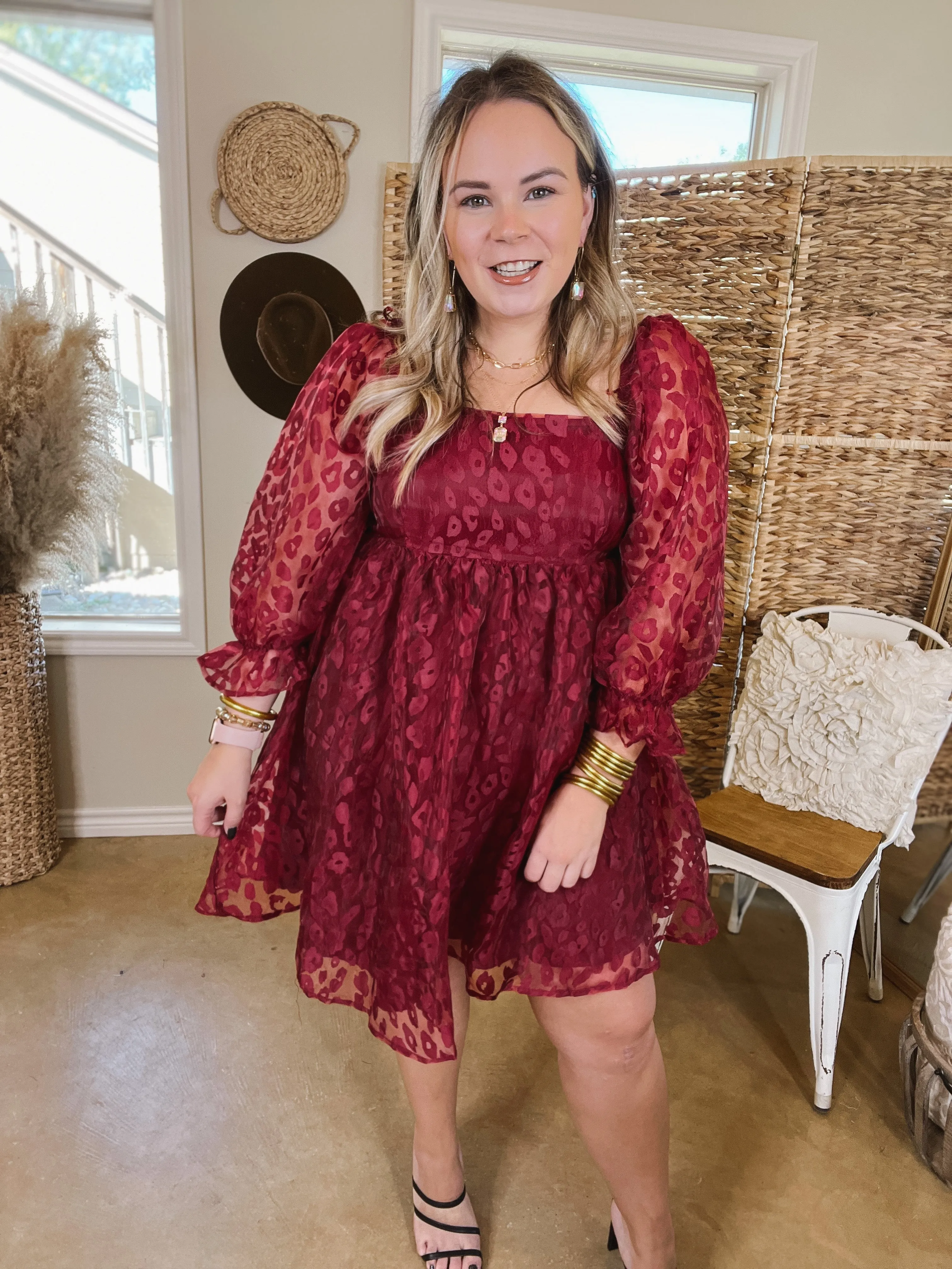 Whirl The Night Away Sheer Leopard Print Dress with 3/4 Sleeves in Maroon