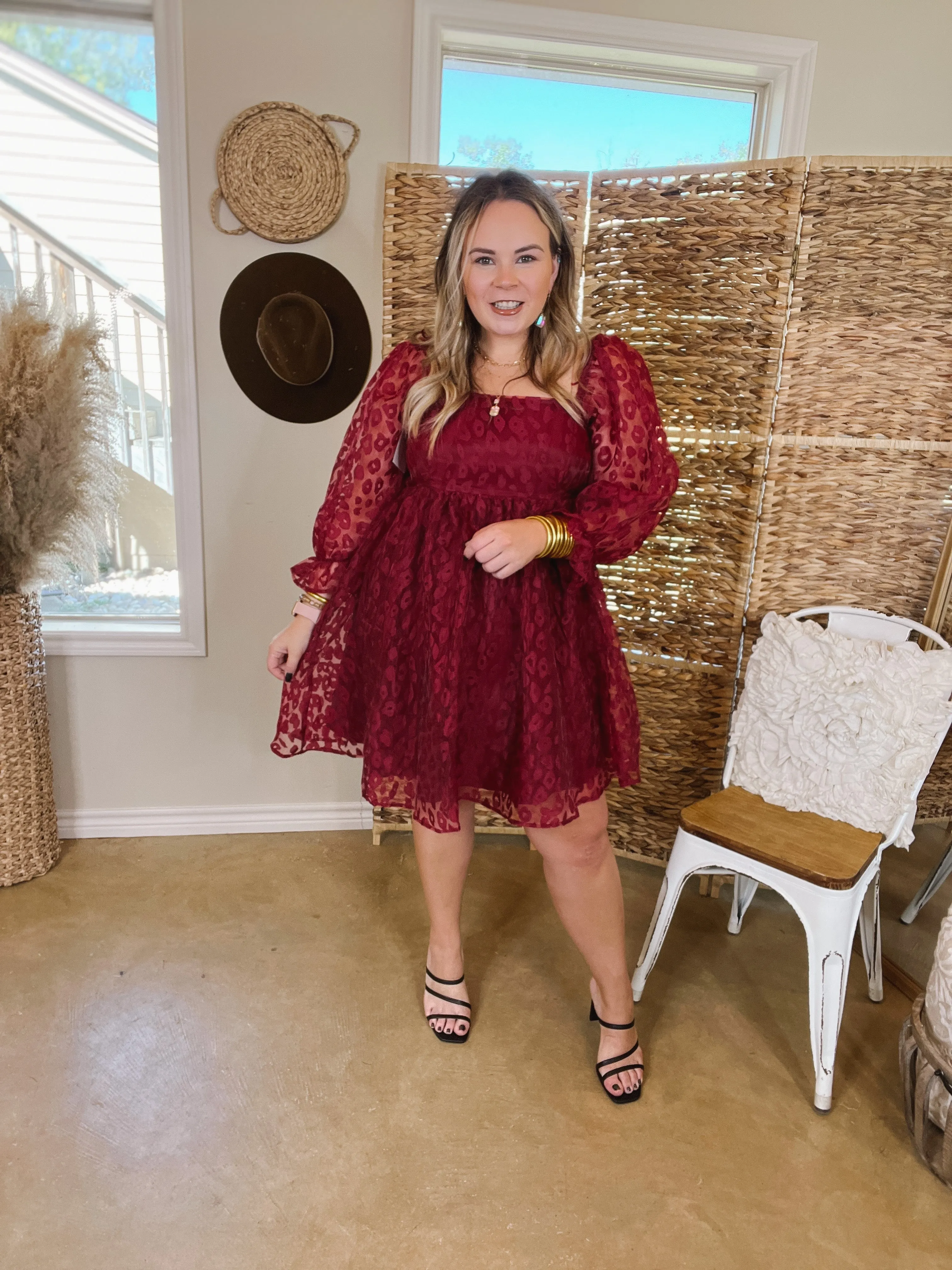 Whirl The Night Away Sheer Leopard Print Dress with 3/4 Sleeves in Maroon