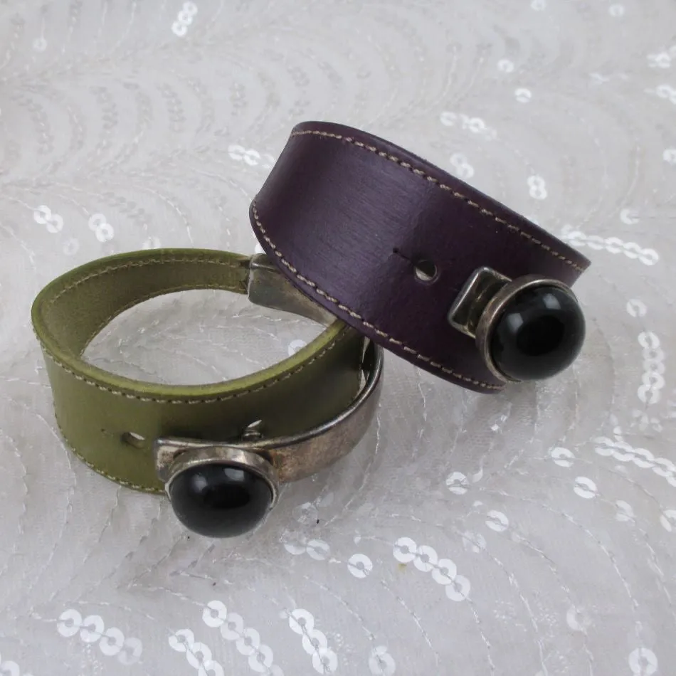 Wide Cuff Leather Bracelet Silver & Black Accent