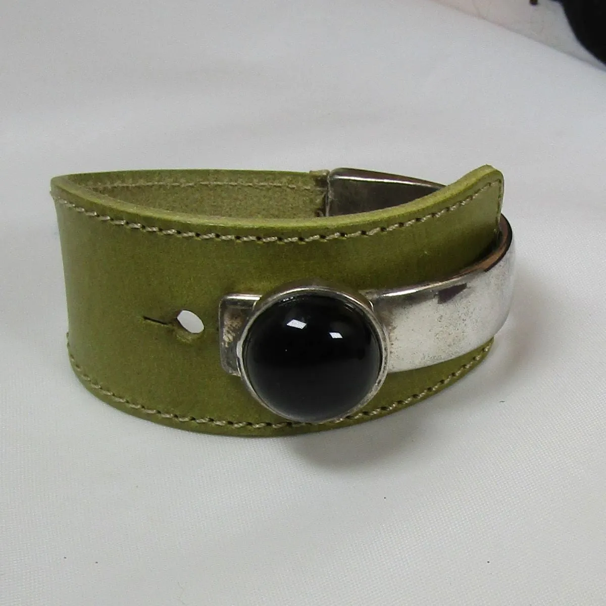 Wide Cuff Leather Bracelet Silver & Black Accent