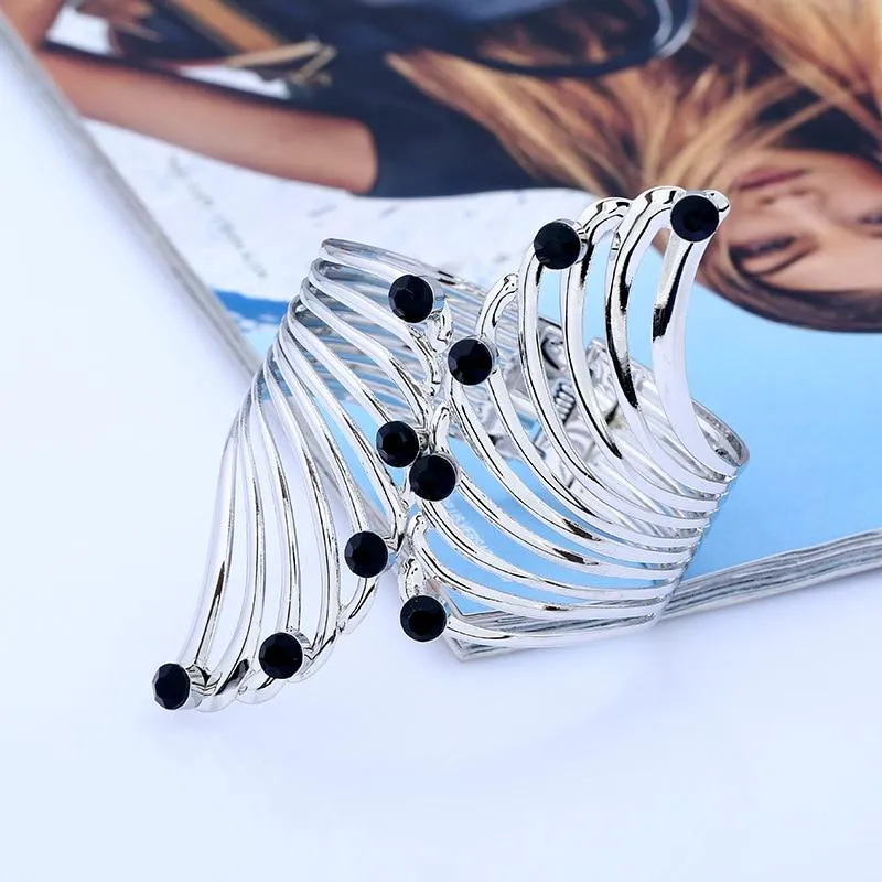 Women Wide Feather Design Rhinestone Metal Plated Cuff Bangle