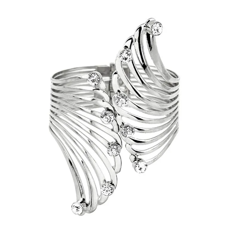 Women Wide Feather Design Rhinestone Metal Plated Cuff Bangle