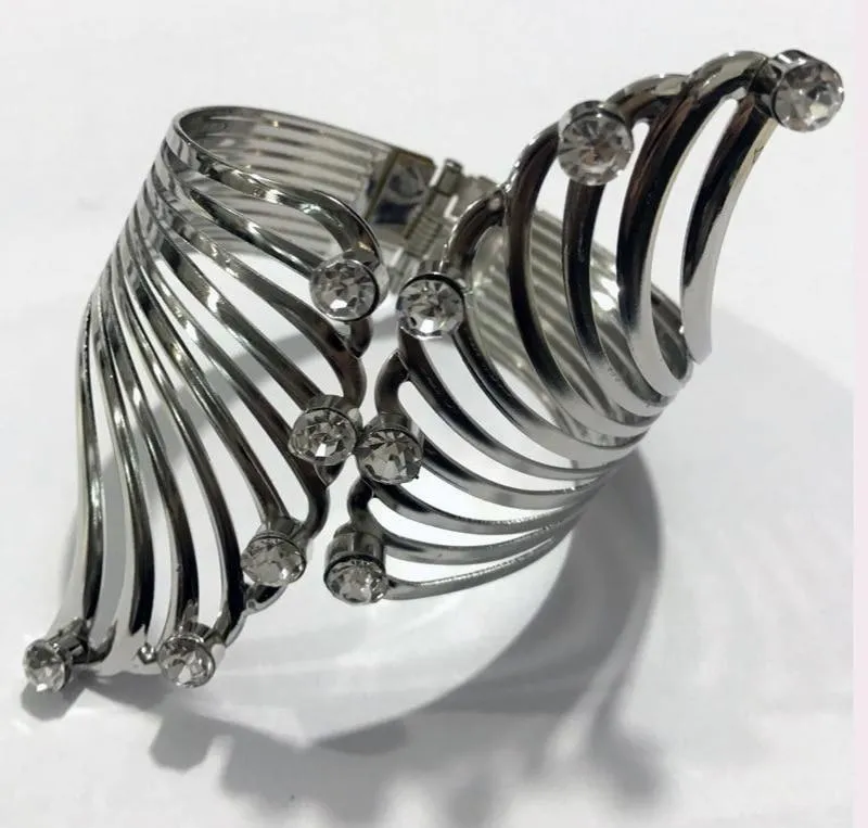 Women Wide Feather Design Rhinestone Metal Plated Cuff Bangle