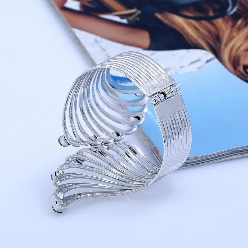 Women Wide Feather Design Rhinestone Metal Plated Cuff Bangle