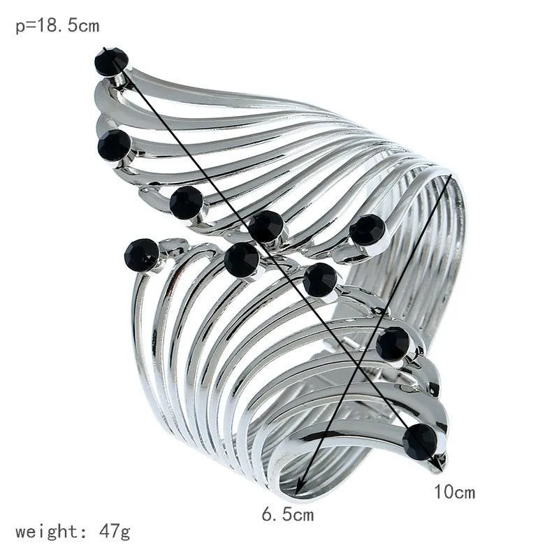 Women Wide Feather Design Rhinestone Metal Plated Cuff Bangle