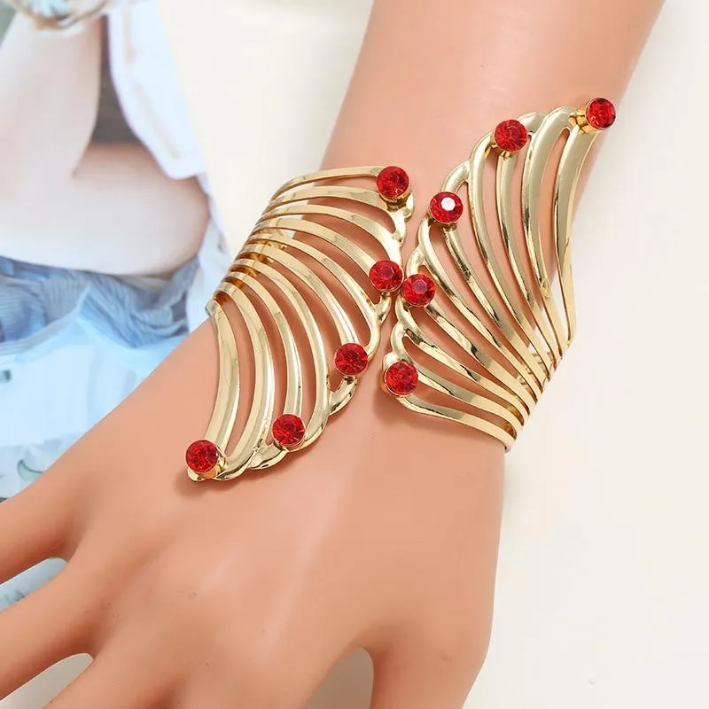 Women Wide Feather Design Rhinestone Metal Plated Cuff Bangle