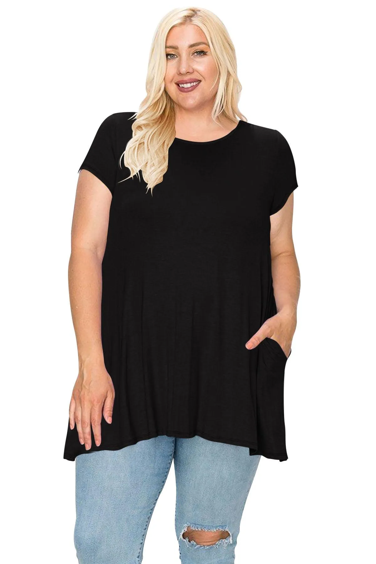 Women's Plus Size Casual Short Sleeve Loose Solid Tunic Top