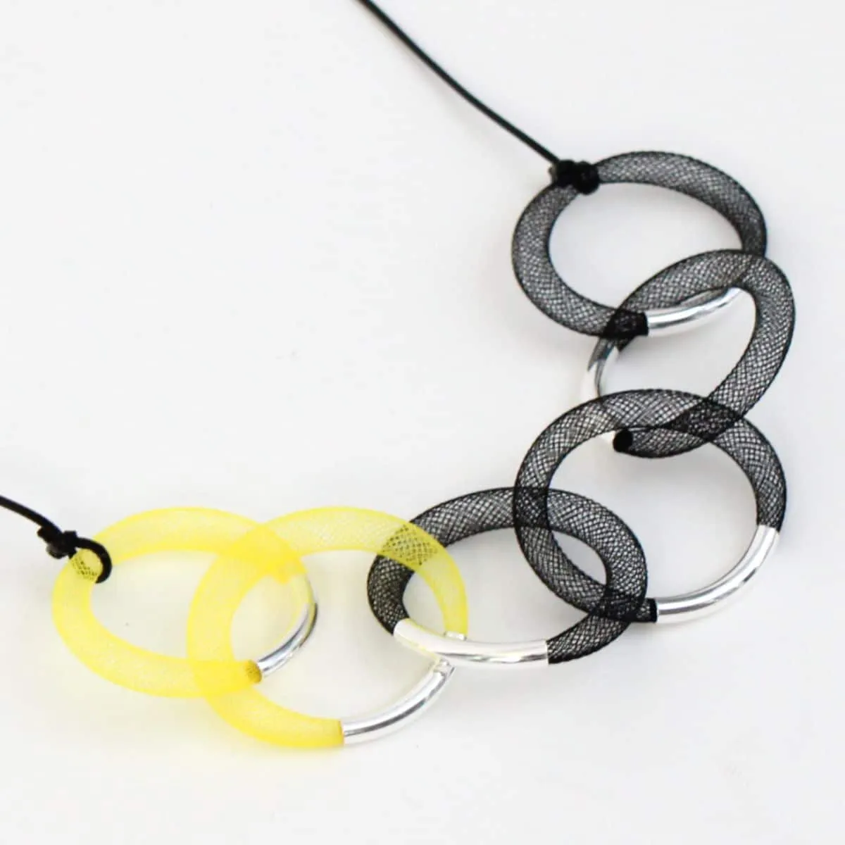 Yellow and Black Mesh Statement Necklace Silver